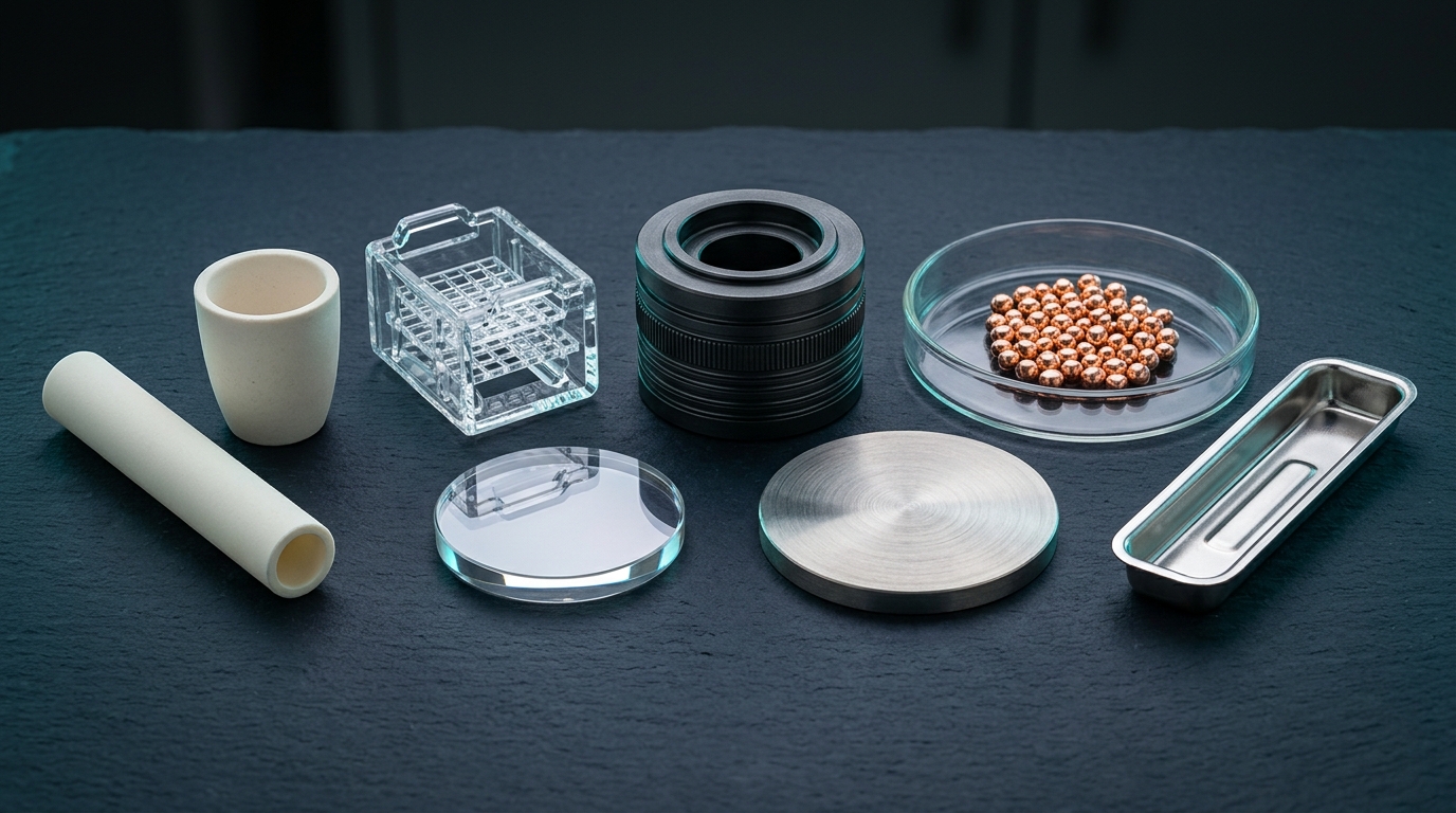 Assortment of high-purity alumina ceramics, fused quartz wafer carrier, sapphire window, CNC graphite fixture, titanium sputtering target, copper pellets, and molybdenum boat